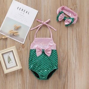 Baby Girl Mermaid Style One Piece Swim Suit with Matching Headband